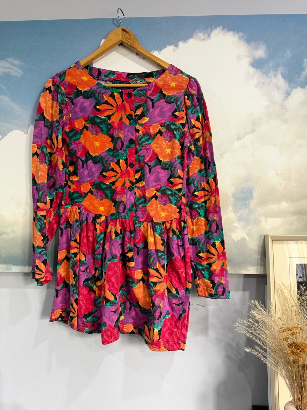 Vintage 80s 90s NWT Floral Babydoll Dress Tunic Cotton Drop Waist Button Up - Picture 3 of 10